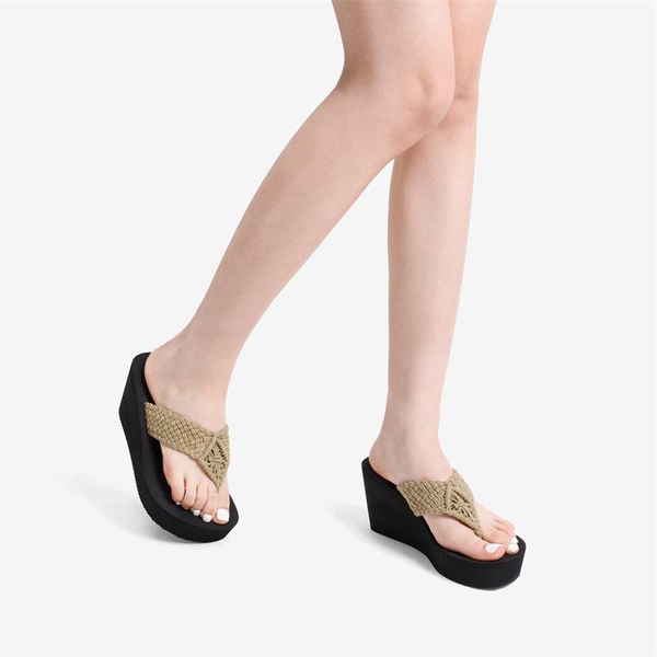 Woven Strap Platform Wedge Flip Flops - KHAKI - 1